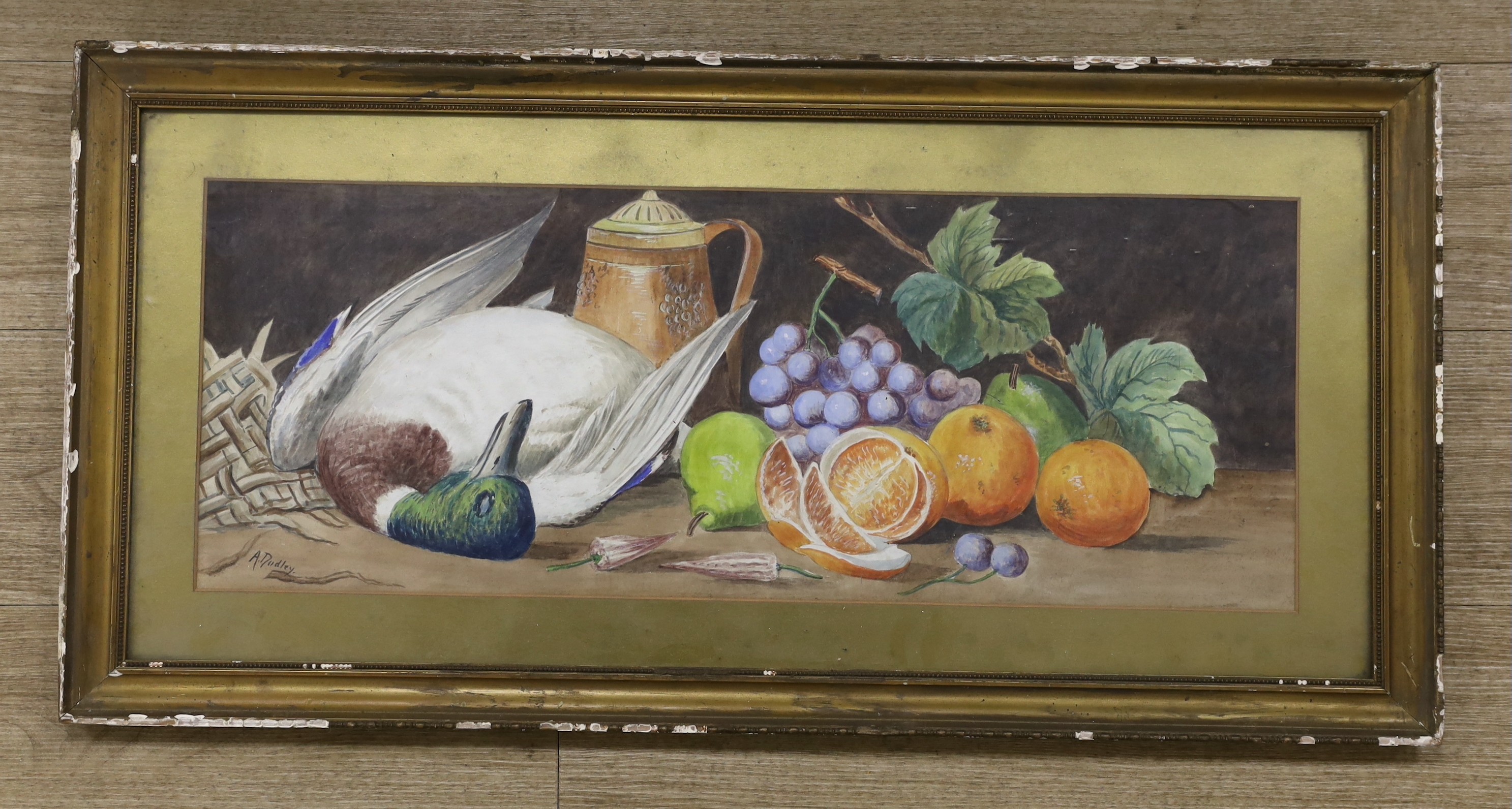 Giovanni Barbaro / AKA Arthur Dudley (1864-1915), watercolour, Still life of a duck and fruit, signed, 26 x 70cm
